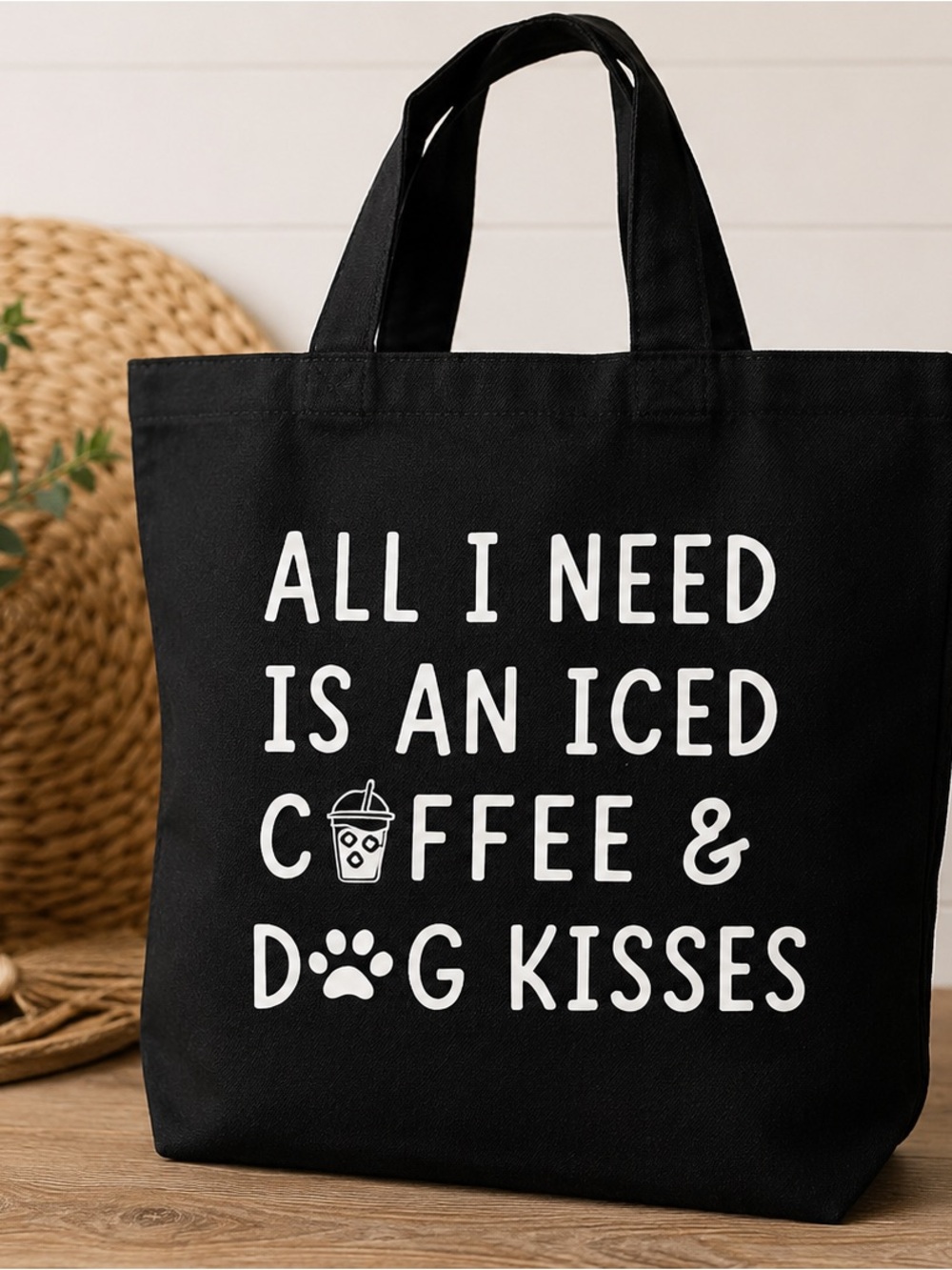 Iced coffee and dogs black zippered tote bag